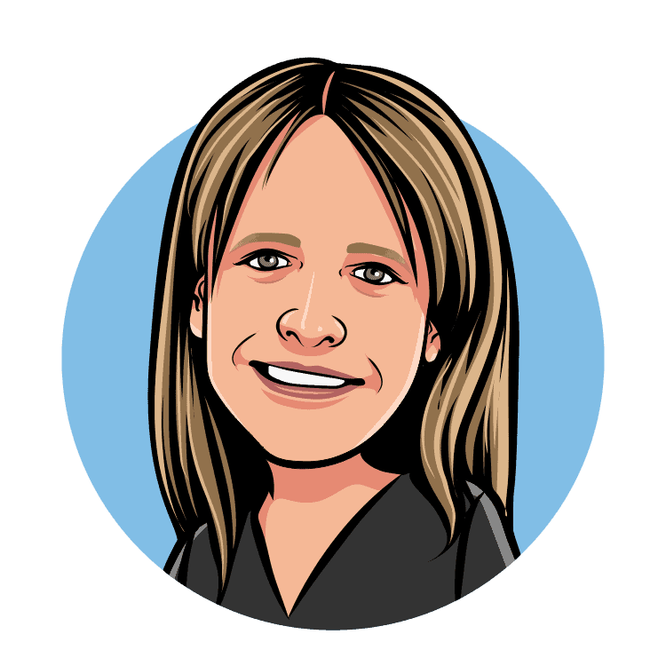 alt="circle headshot cartoon picture of Laura Rocco. in black top and blonde hair."